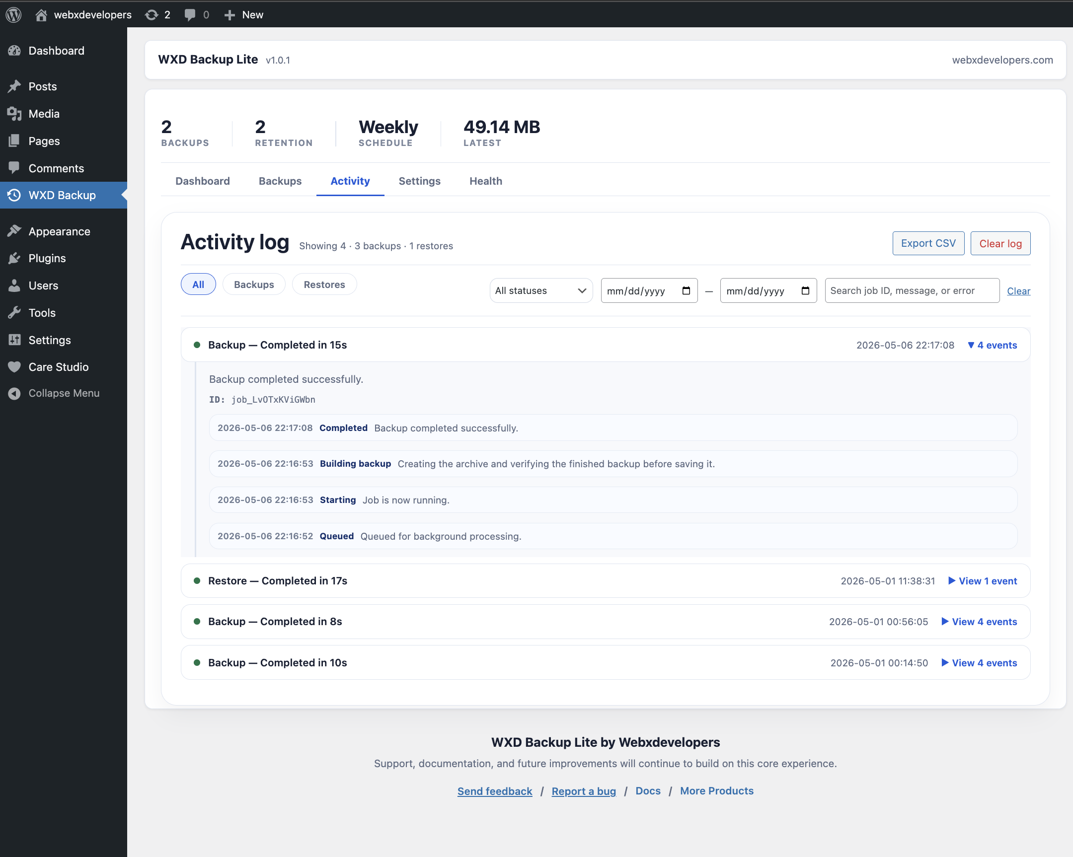Backup history and activity log