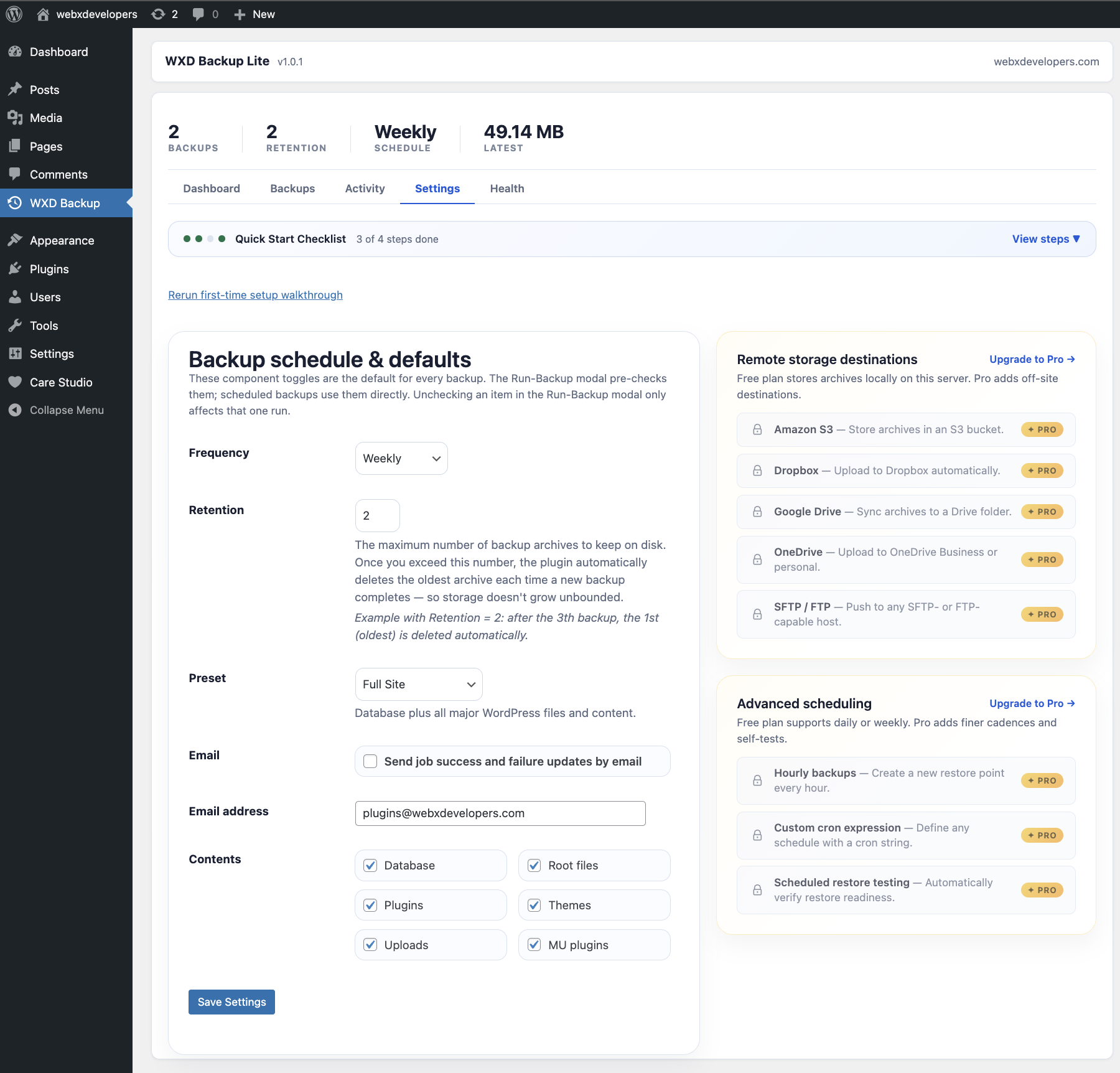 Backup schedule and retention settings