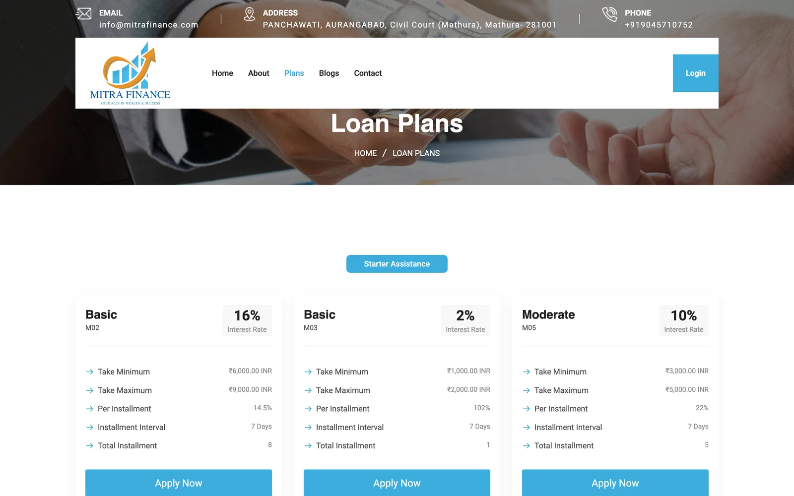 Mitra Finance loan plans page, showing interest rate, limits and instalment terms for each plan